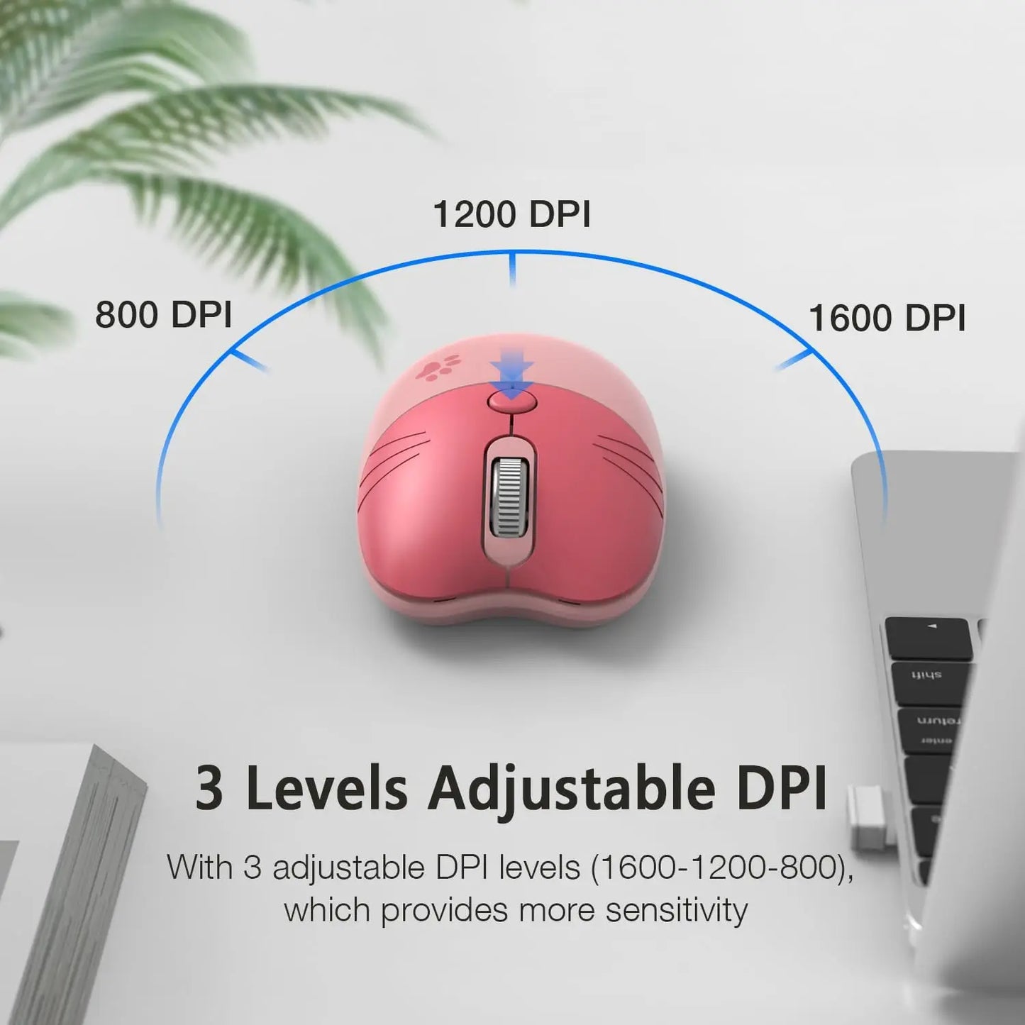 Cute Cat 2.4G Wireless Mouse, USB Receiver Plug and Play, 3 Adjustable DPI, Compatible with Laptop,PC, Computer