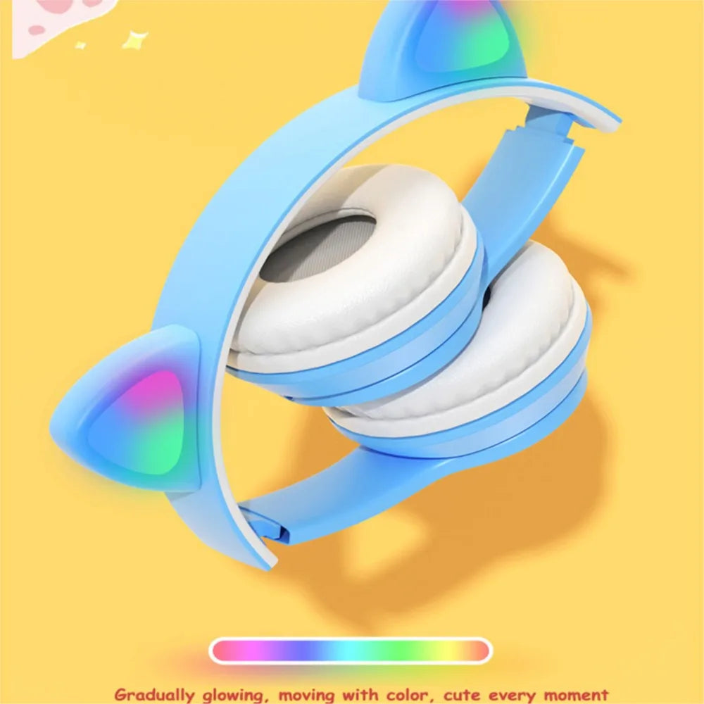 Cute Cat Ear Headphone Flash Light with Mic Control LED Stereo Music Helmet Phone Wireless Bluetooth Headset Holidays Gift