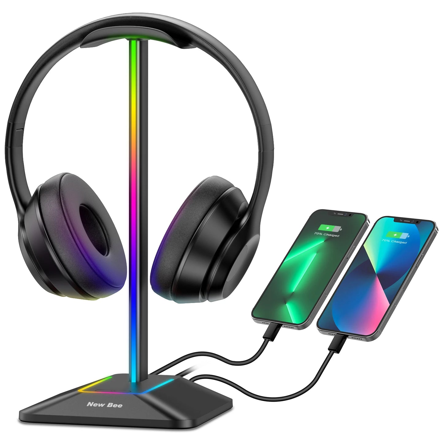 New Bee Z8 RGB Headphones Stand Holder with 2 USB Ports Desk Gaming Headset Cool Display Holder Non-Slip Rubber Base for Gamer