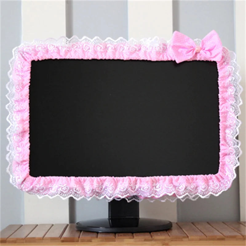 17-26 Inches Lace Fabric Computer Frame Cover Monitor Screen Dust Cover with Elastic Pen Pocket Bow Home Decorations