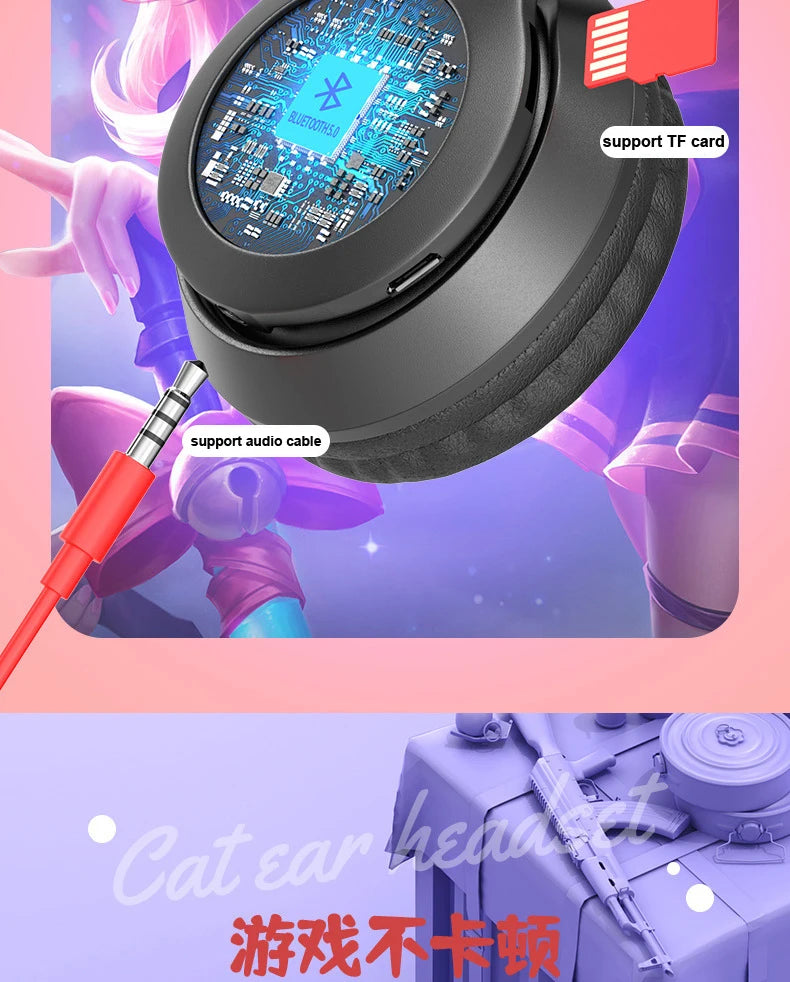 Cute Cat Ear Headphone Flash Light with Mic Control LED Stereo Music Helmet Phone Wireless Bluetooth Headset Holidays Gift