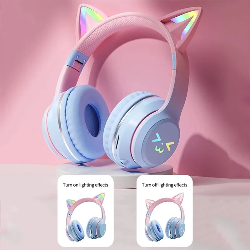 Wireless Headphones RGB Cute Cat Ear Bluetooth Headsets with Microphone Stereo Music Game Headphone Girls Kids Gifts 
