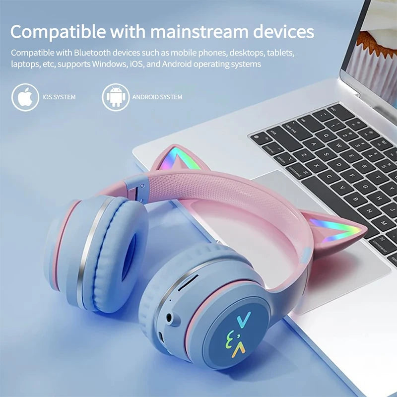 Wireless Headphones RGB Cute Cat Ear Bluetooth Headsets with Microphone Stereo Music Game Headphone Girls Kids Gifts 