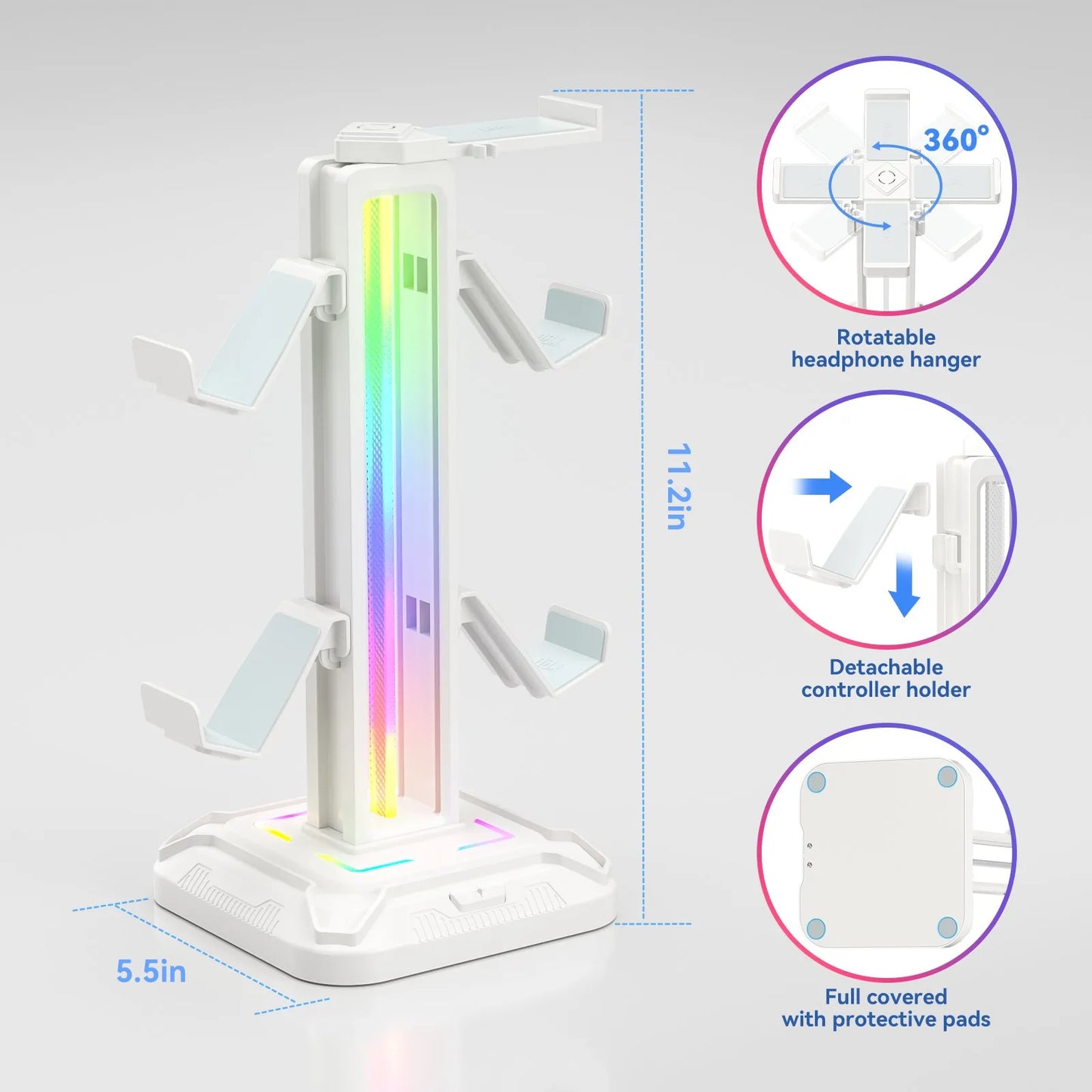 Controller Stand with 9 Light Modes Headset Holder for Desk Rotatable Headphone Stand Detachable Controller Hook