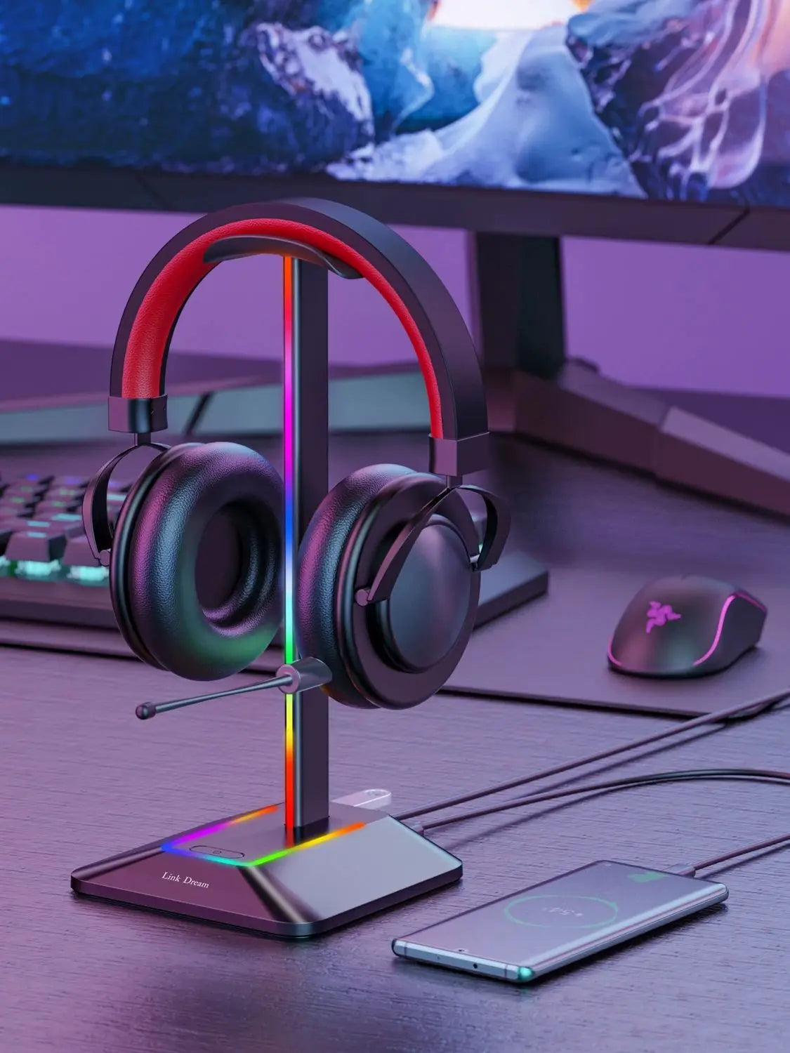 New Bee Z8 RGB Headphones Stand Holder with 2 USB Ports Desk Gaming Headset Cool Display Holder Non-Slip Rubber Base for Gamer