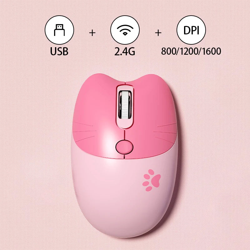 Cute Cat 2.4G Wireless Mouse, USB Receiver Plug and Play, 3 Adjustable DPI, Compatible with Laptop,PC, Computer