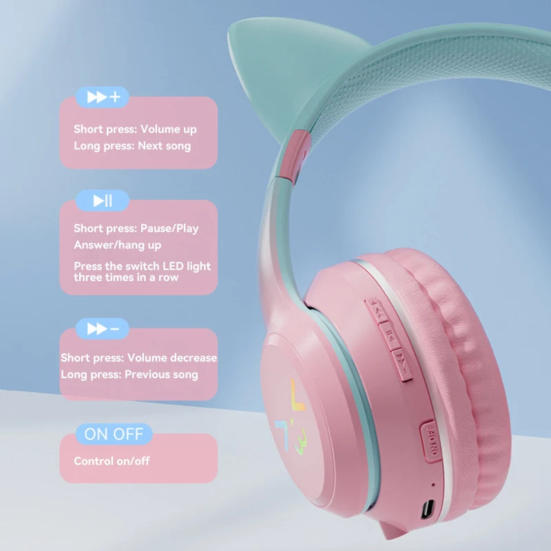Wireless Headphones RGB Cute Cat Ear Bluetooth Headsets with Microphone Stereo Music Game Headphone Girls Kids Gifts 