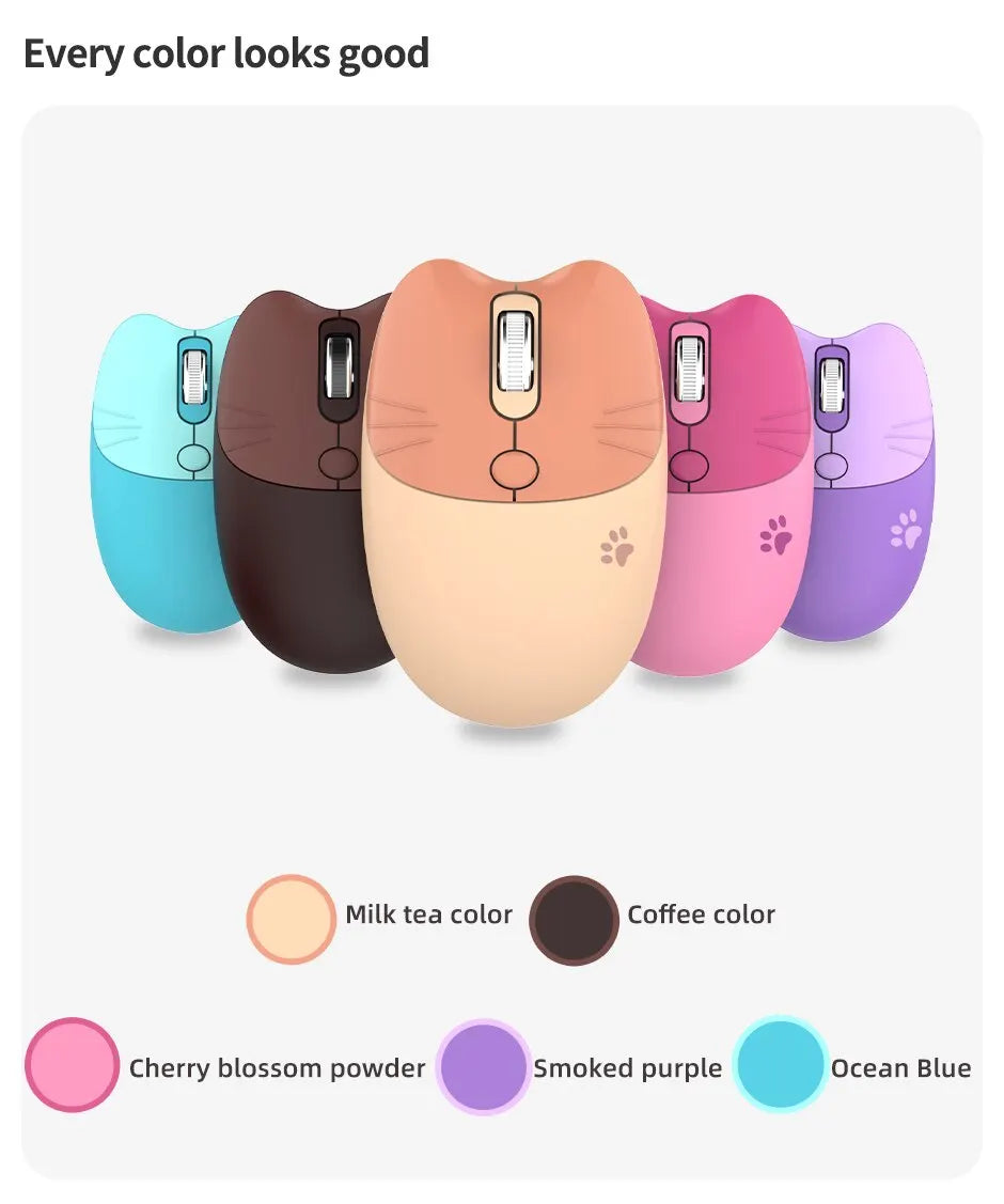 Cute Cat 2.4G Wireless Mouse, USB Receiver Plug and Play, 3 Adjustable DPI, Compatible with Laptop,PC, Computer