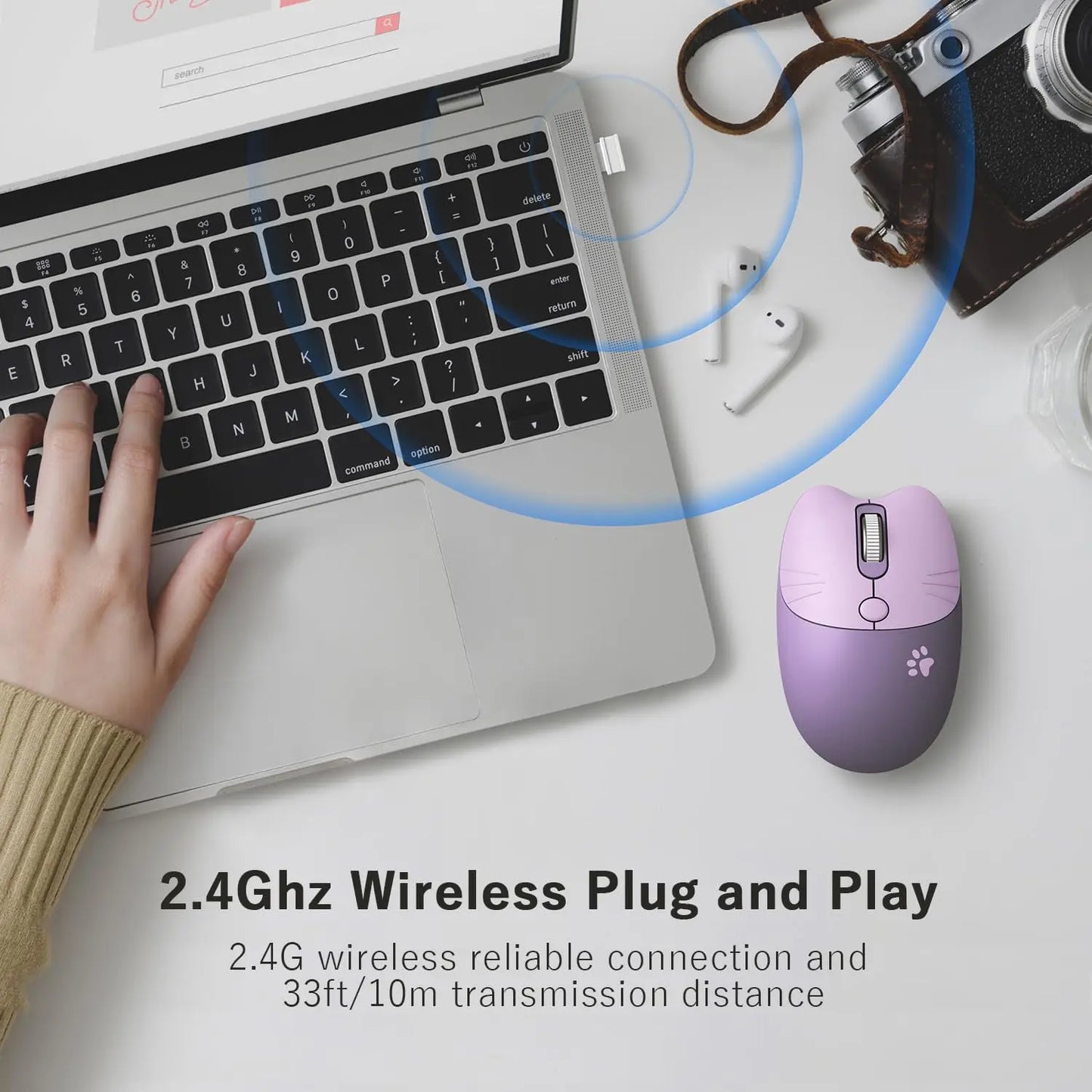 Cute Cat 2.4G Wireless Mouse, USB Receiver Plug and Play, 3 Adjustable DPI, Compatible with Laptop,PC, Computer