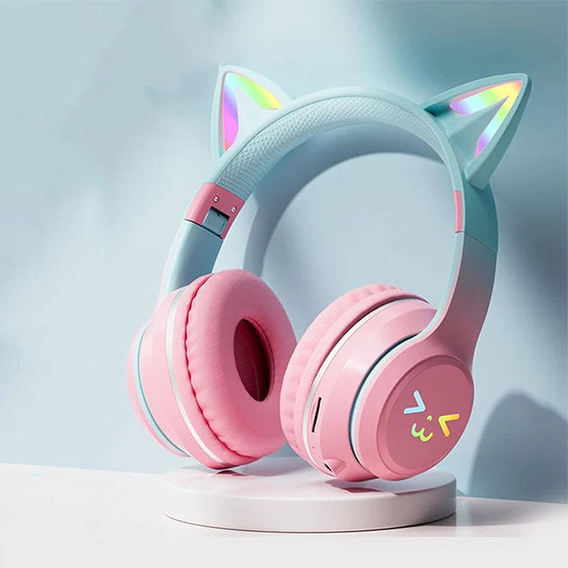Wireless Headphones RGB Cute Cat Ear Bluetooth Headsets with Microphone Stereo Music Game Headphone Girls Kids Gifts 
