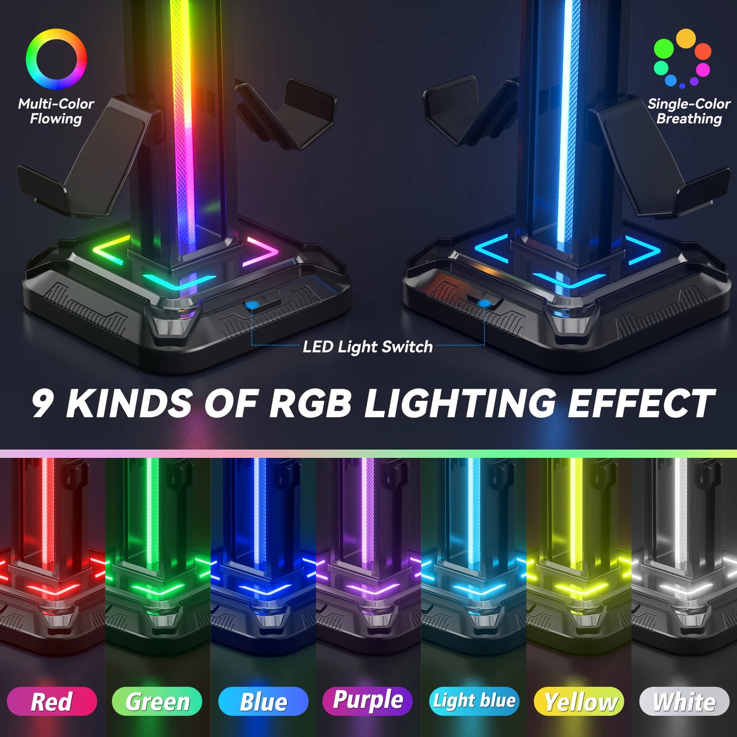 Controller Stand with 9 Light Modes Headset Holder for Desk Rotatable Headphone Stand Detachable Controller Hook