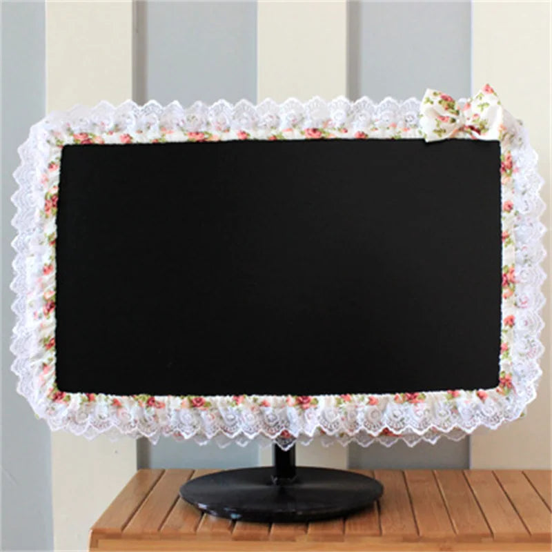 17-26 Inches Lace Fabric Computer Frame Cover Monitor Screen Dust Cover with Elastic Pen Pocket Bow Home Decorations