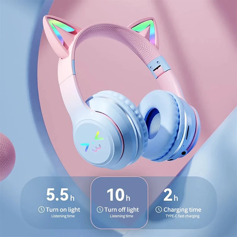 Wireless Headphones RGB Cute Cat Ear Bluetooth Headsets with Microphone Stereo Music Game Headphone Girls Kids Gifts 