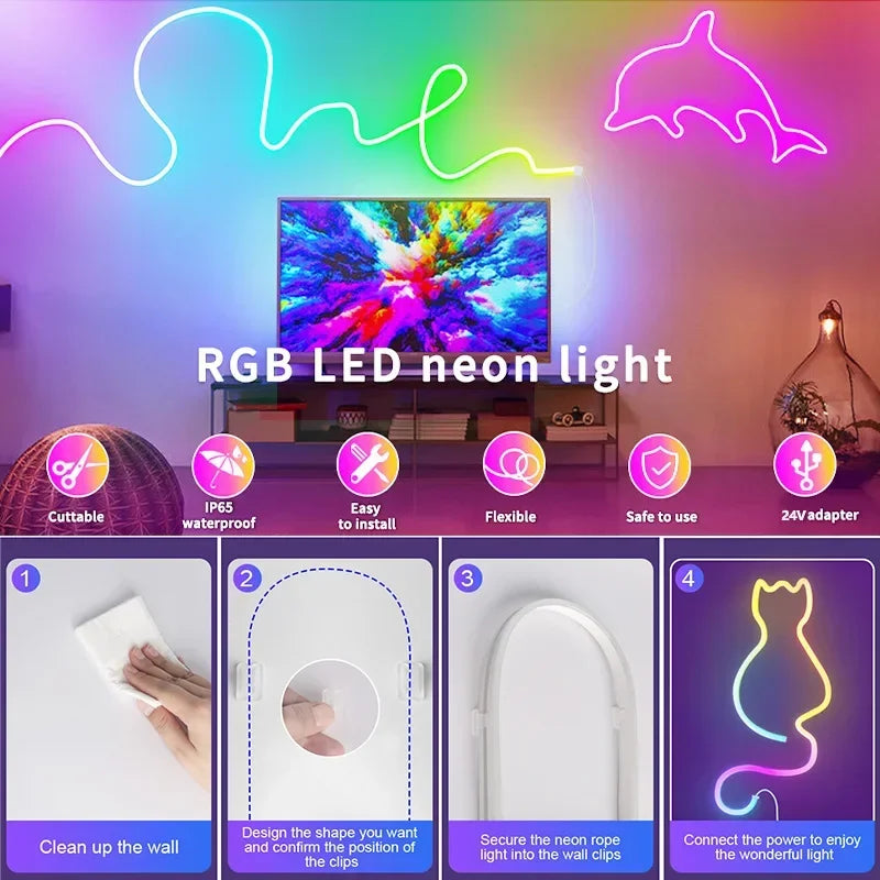 Smart Rgb Neon Led Strip Ip65 Waterproof 24V Neon Rope Light 5M 10M 15M 20M 30M Music Sync App Control For Party Home Decor Tape