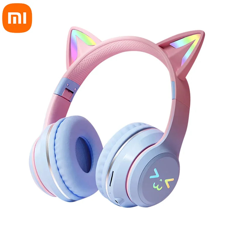Wireless Headphones RGB Cute Cat Ear Bluetooth Headsets with Microphone Stereo Music Game Headphone Girls Kids Gifts 