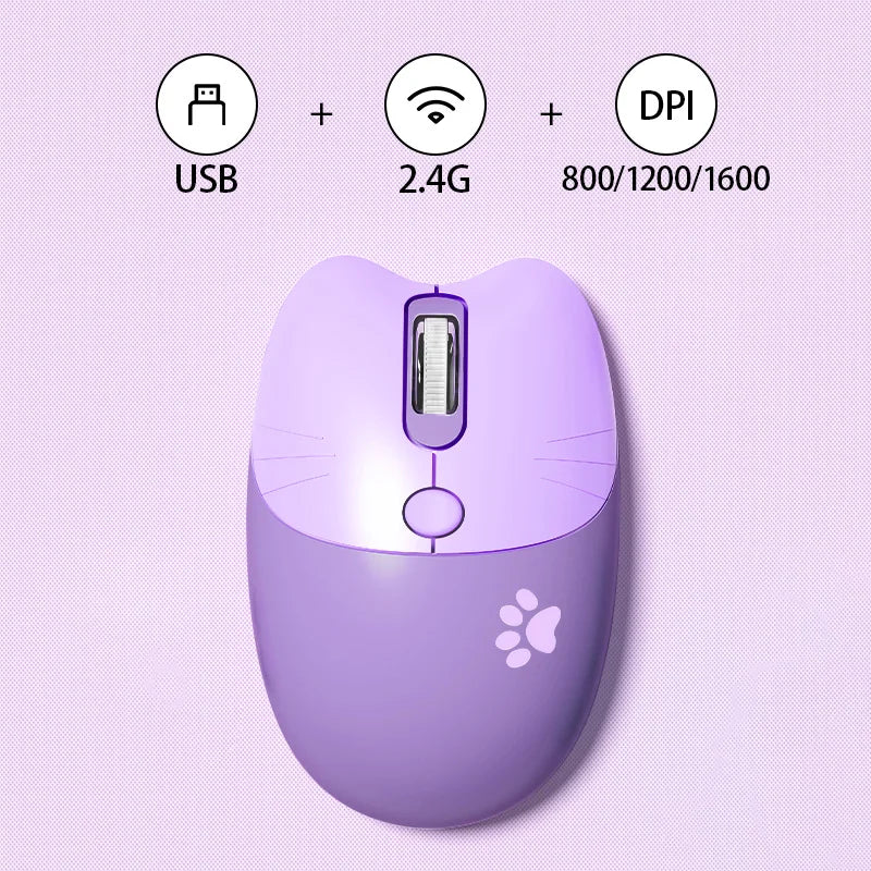 Cute Cat 2.4G Wireless Mouse, USB Receiver Plug and Play, 3 Adjustable DPI, Compatible with Laptop,PC, Computer