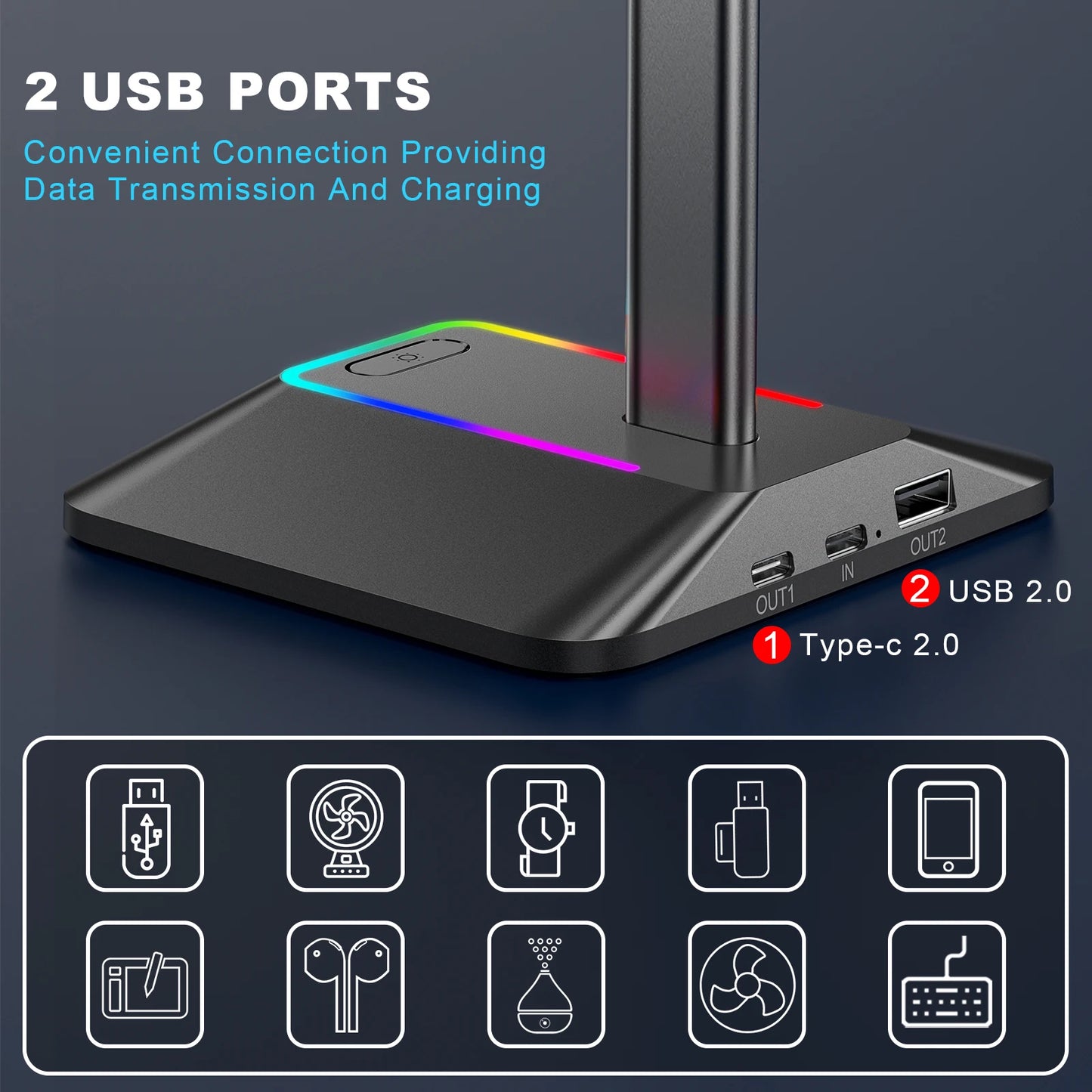 New Bee Z8 RGB Headphones Stand Holder with 2 USB Ports Desk Gaming Headset Cool Display Holder Non-Slip Rubber Base for Gamer