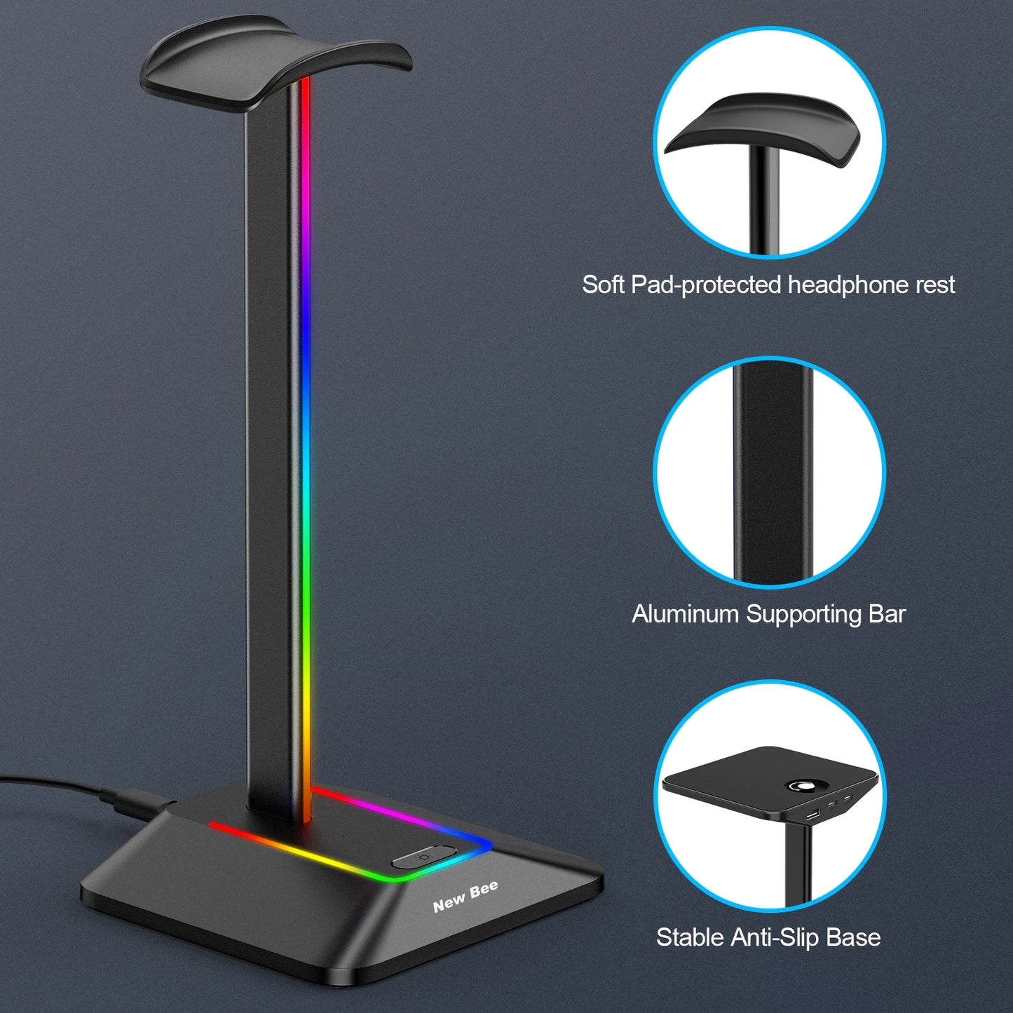 New Bee Z8 RGB Headphones Stand Holder with 2 USB Ports Desk Gaming Headset Cool Display Holder Non-Slip Rubber Base for Gamer