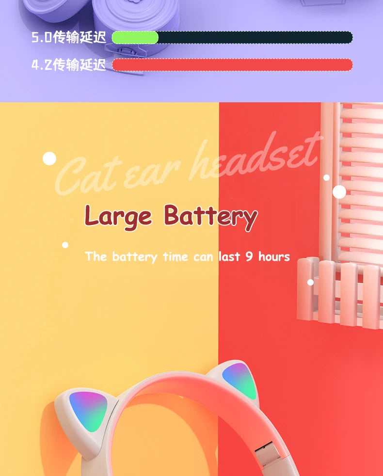 Cute Cat Ear Headphone Flash Light with Mic Control LED Stereo Music Helmet Phone Wireless Bluetooth Headset Holidays Gift