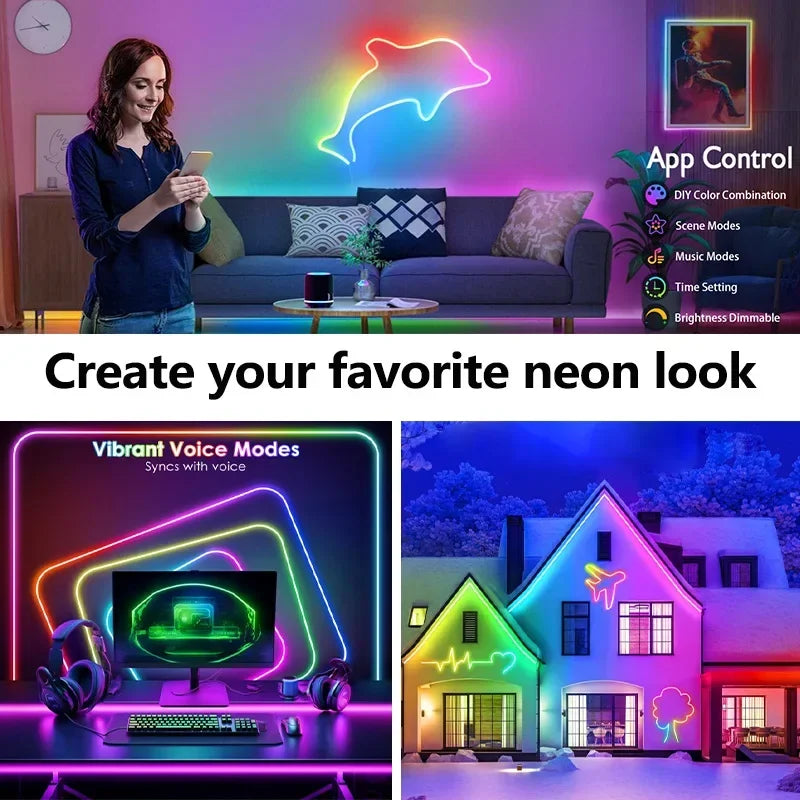 Smart Rgb Neon Led Strip Ip65 Waterproof 24V Neon Rope Light 5M 10M 15M 20M 30M Music Sync App Control For Party Home Decor Tape