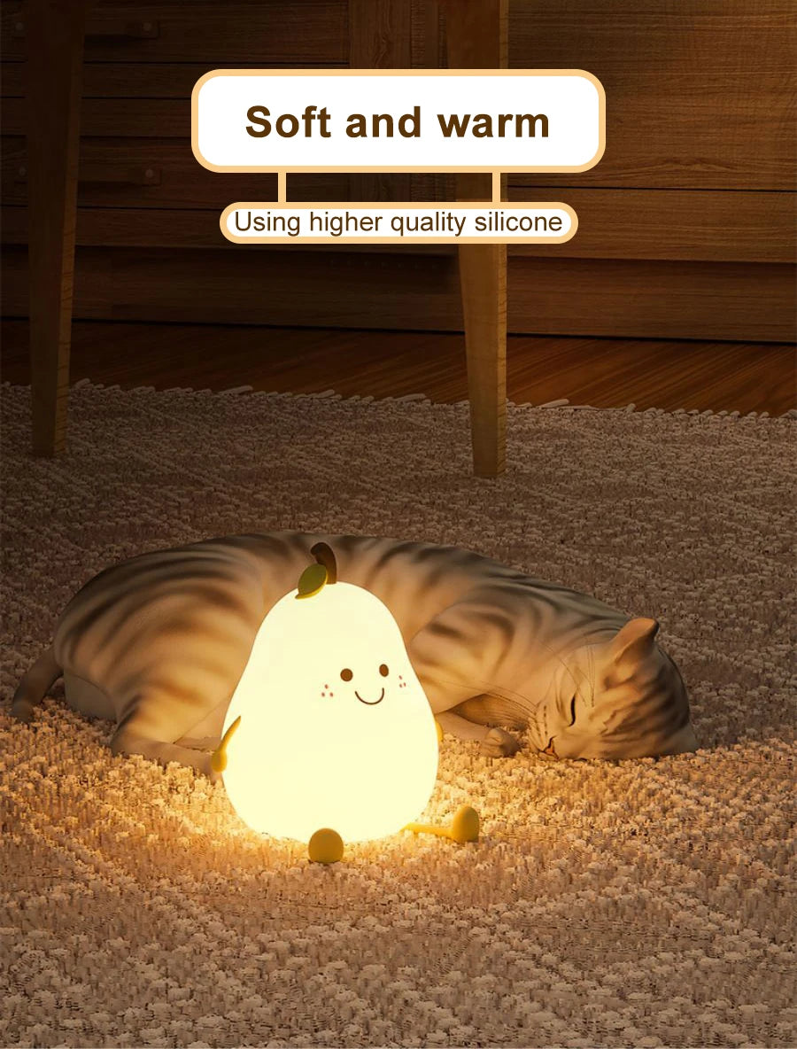 USB Rechargeable Night Light Pear Silicone Night Lights Touch Sensor Bedroom Bedside Cat Lamp With Remote For Kids and for gaming Tables!
