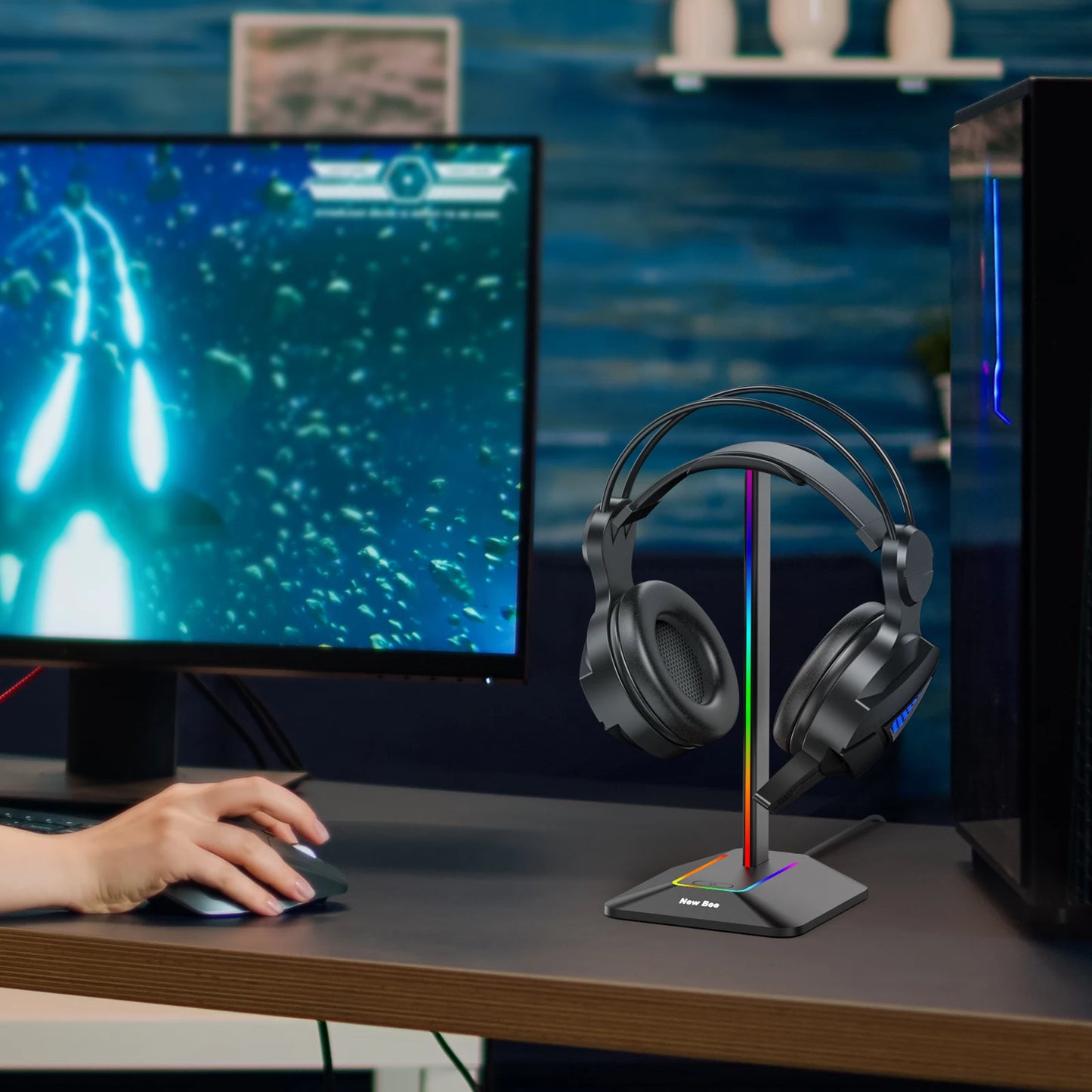 New Bee Z8 RGB Headphones Stand Holder with 2 USB Ports Desk Gaming Headset Cool Display Holder Non-Slip Rubber Base for Gamer
