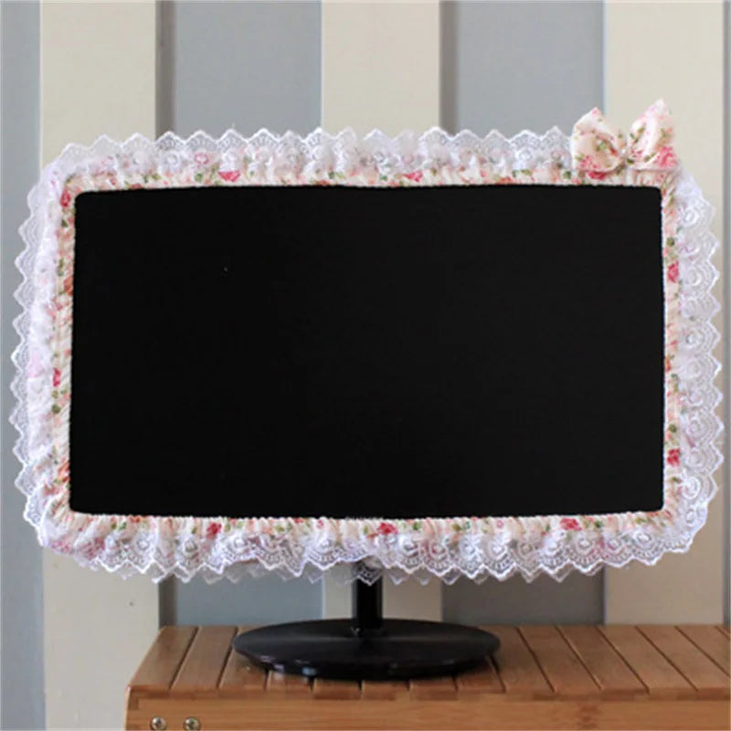 17-26 Inches Lace Fabric Computer Frame Cover Monitor Screen Dust Cover with Elastic Pen Pocket Bow Home Decorations