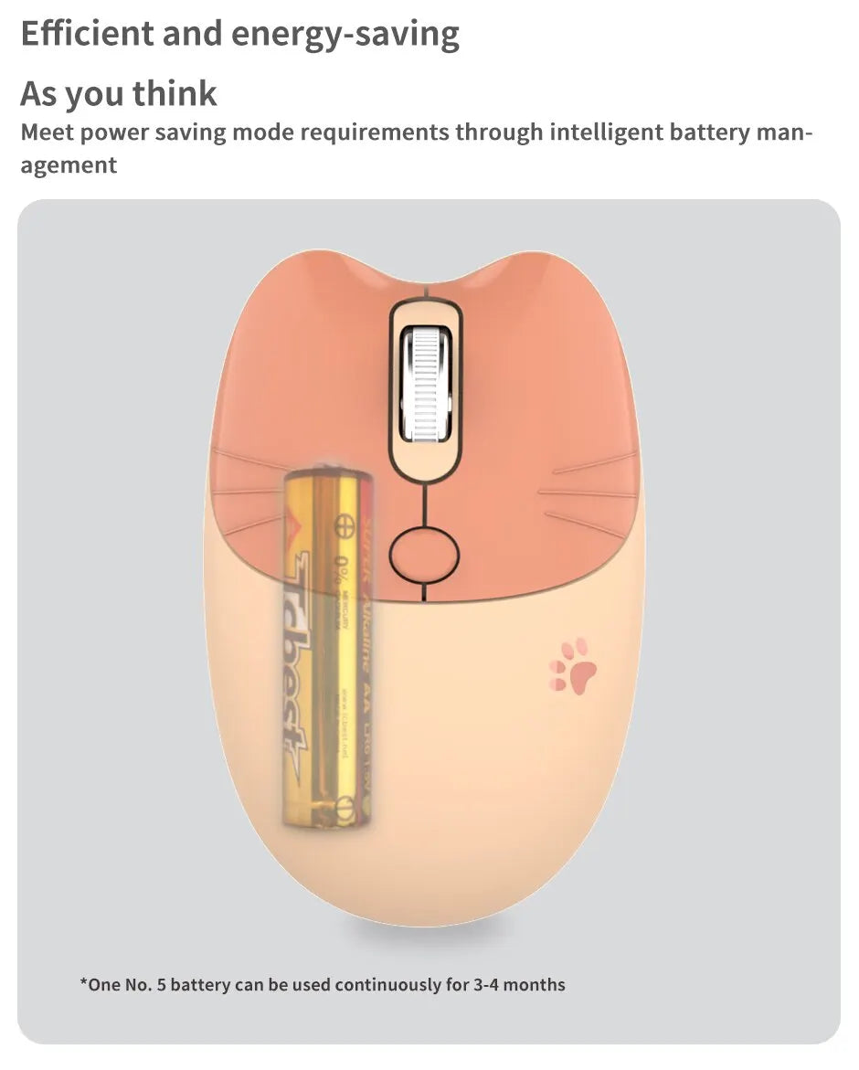 Cute Cat 2.4G Wireless Mouse, USB Receiver Plug and Play, 3 Adjustable DPI, Compatible with Laptop,PC, Computer