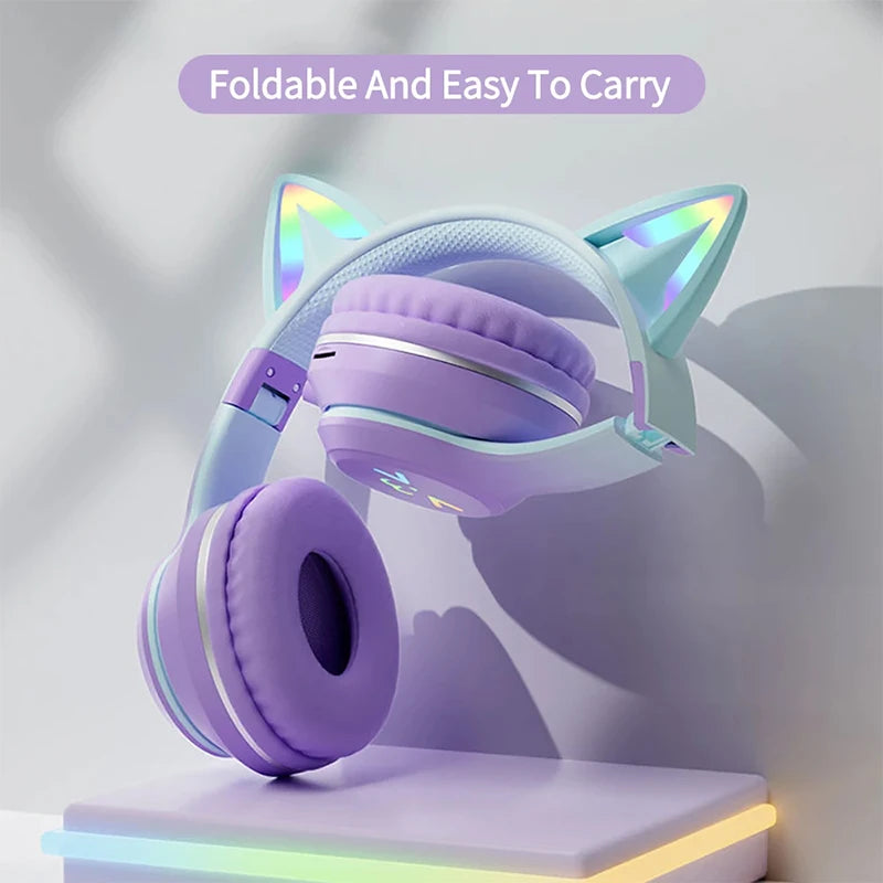 Wireless Headphones RGB Cute Cat Ear Bluetooth Headsets with Microphone Stereo Music Game Headphone Girls Kids Gifts 