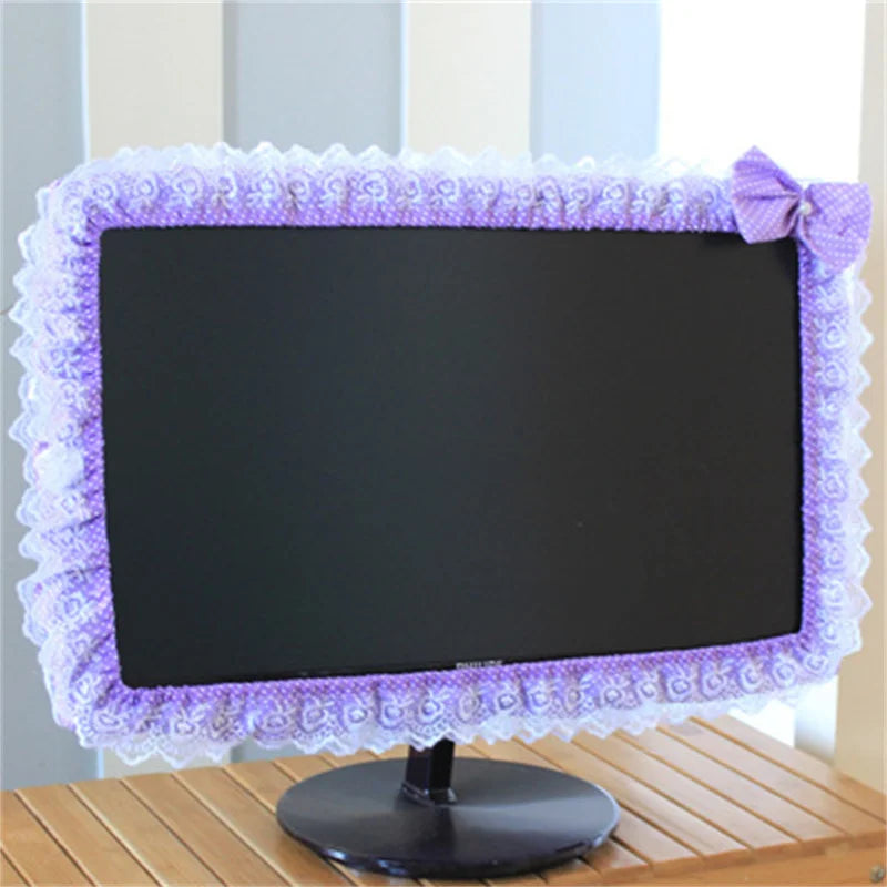 17-26 Inches Lace Fabric Computer Frame Cover Monitor Screen Dust Cover with Elastic Pen Pocket Bow Home Decorations