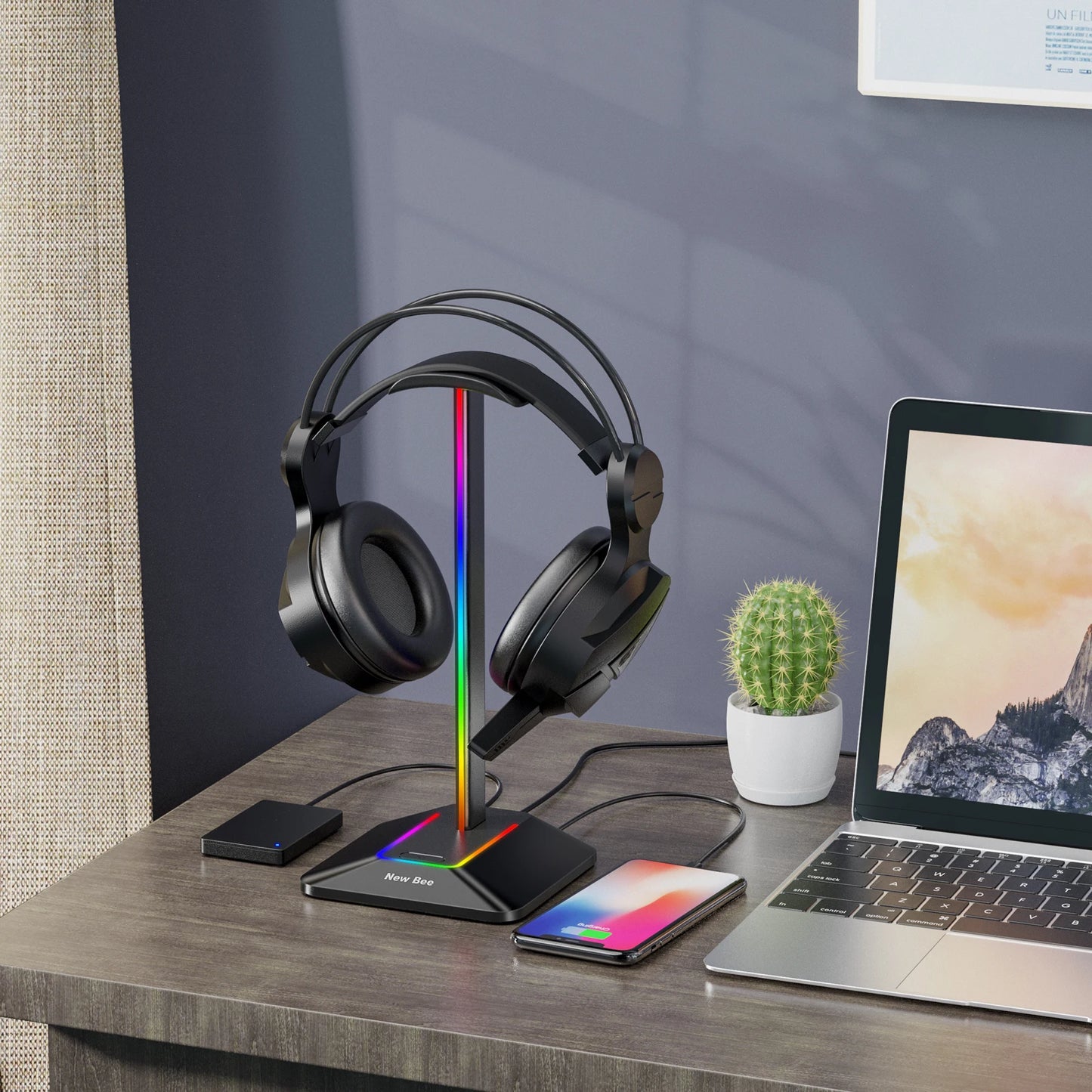 New Bee Z8 RGB Headphones Stand Holder with 2 USB Ports Desk Gaming Headset Cool Display Holder Non-Slip Rubber Base for Gamer