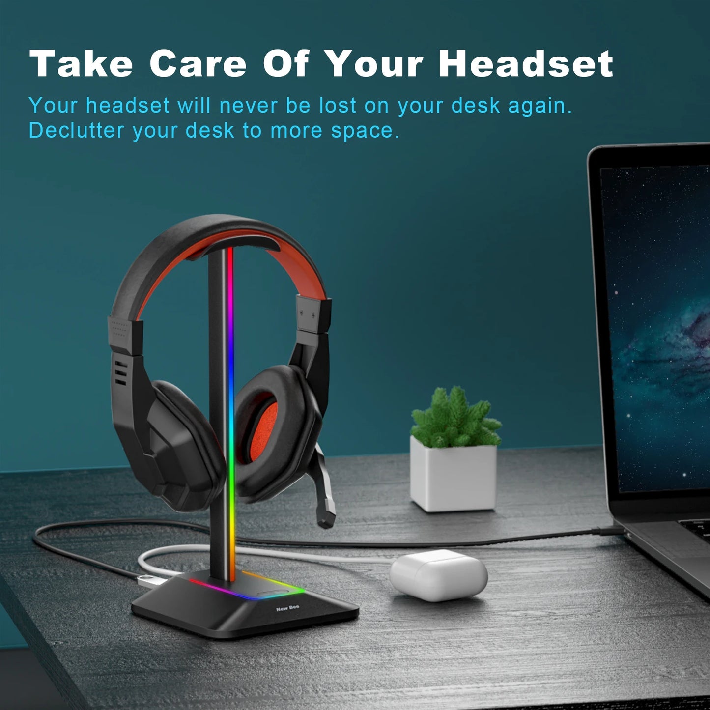 New Bee Z8 RGB Headphones Stand Holder with 2 USB Ports Desk Gaming Headset Cool Display Holder Non-Slip Rubber Base for Gamer