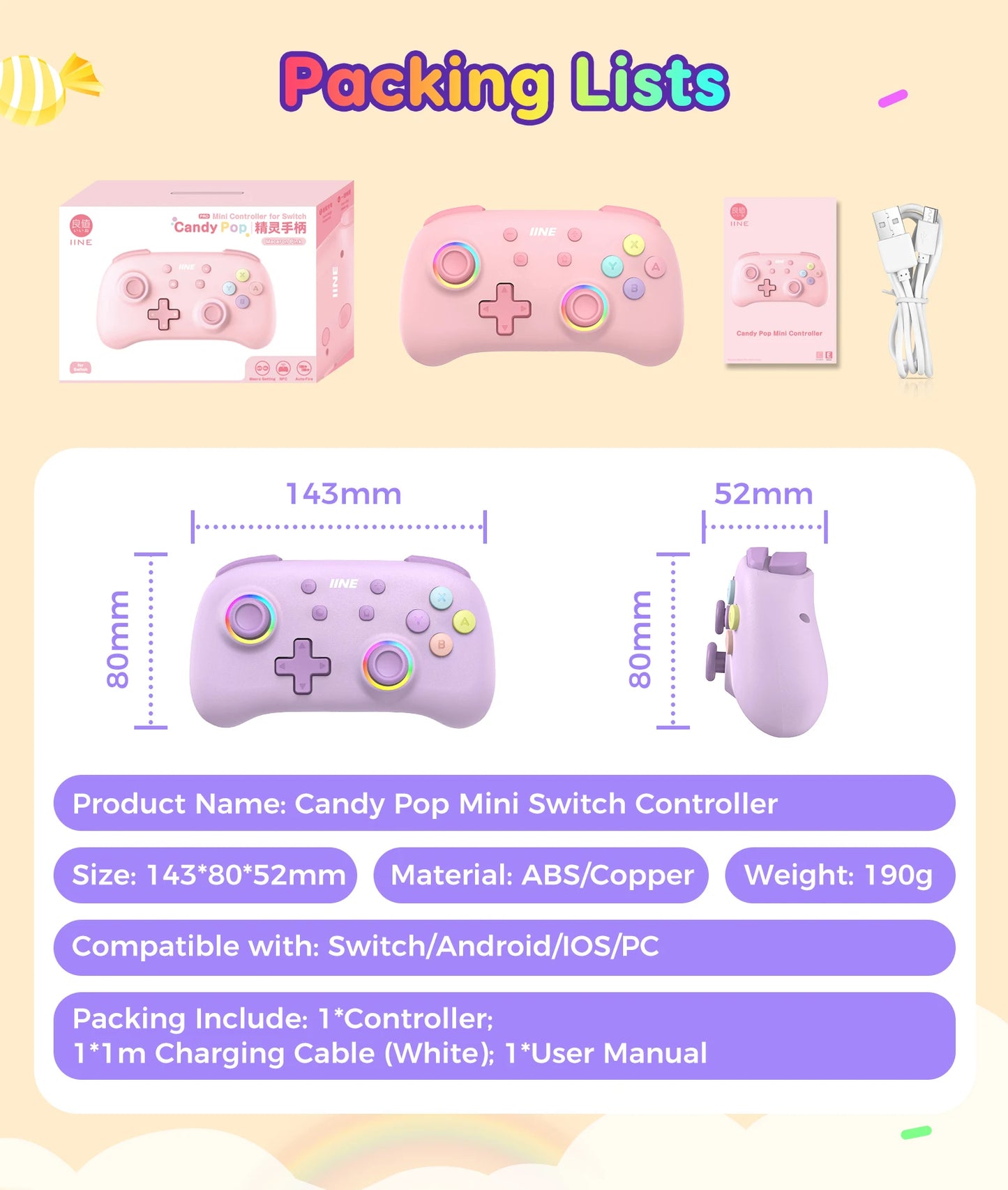 IINE Candy Pop Mini Controller for Switch/PC/iOS/Android/Pad, NFC & Turbo&Macro Function