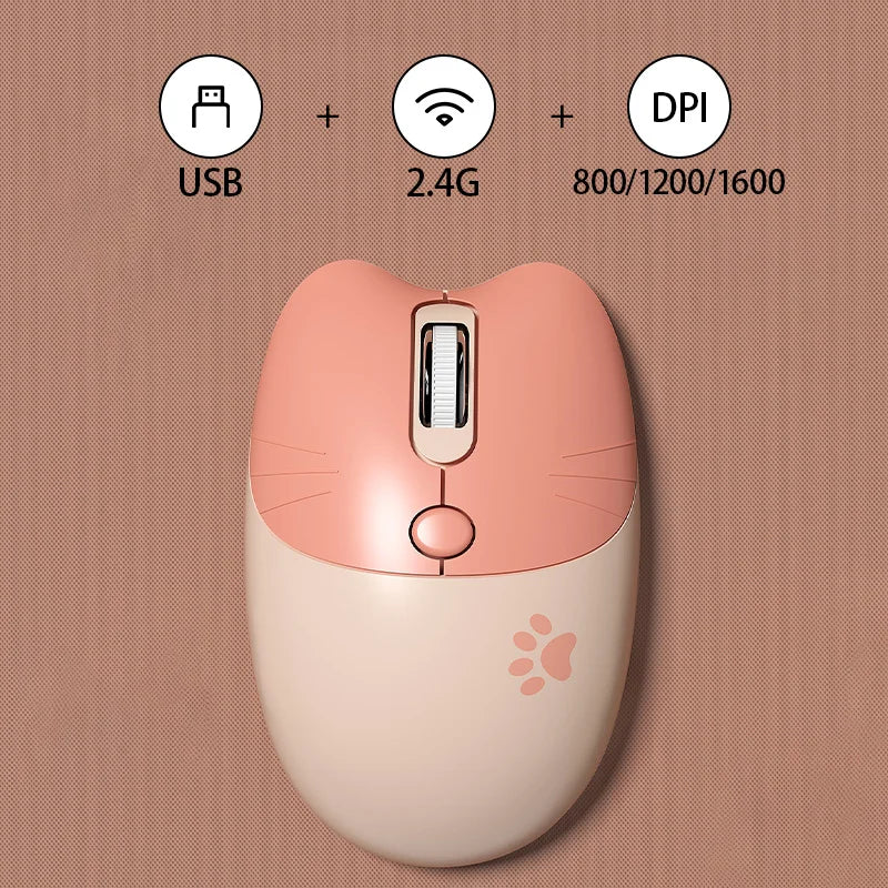 Cute Cat 2.4G Wireless Mouse, USB Receiver Plug and Play, 3 Adjustable DPI, Compatible with Laptop,PC, Computer