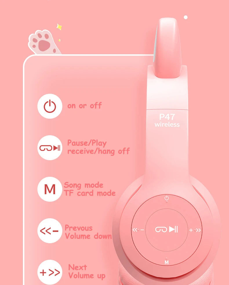 Cute Cat Ear Headphone Flash Light with Mic Control LED Stereo Music Helmet Phone Wireless Bluetooth Headset Holidays Gift