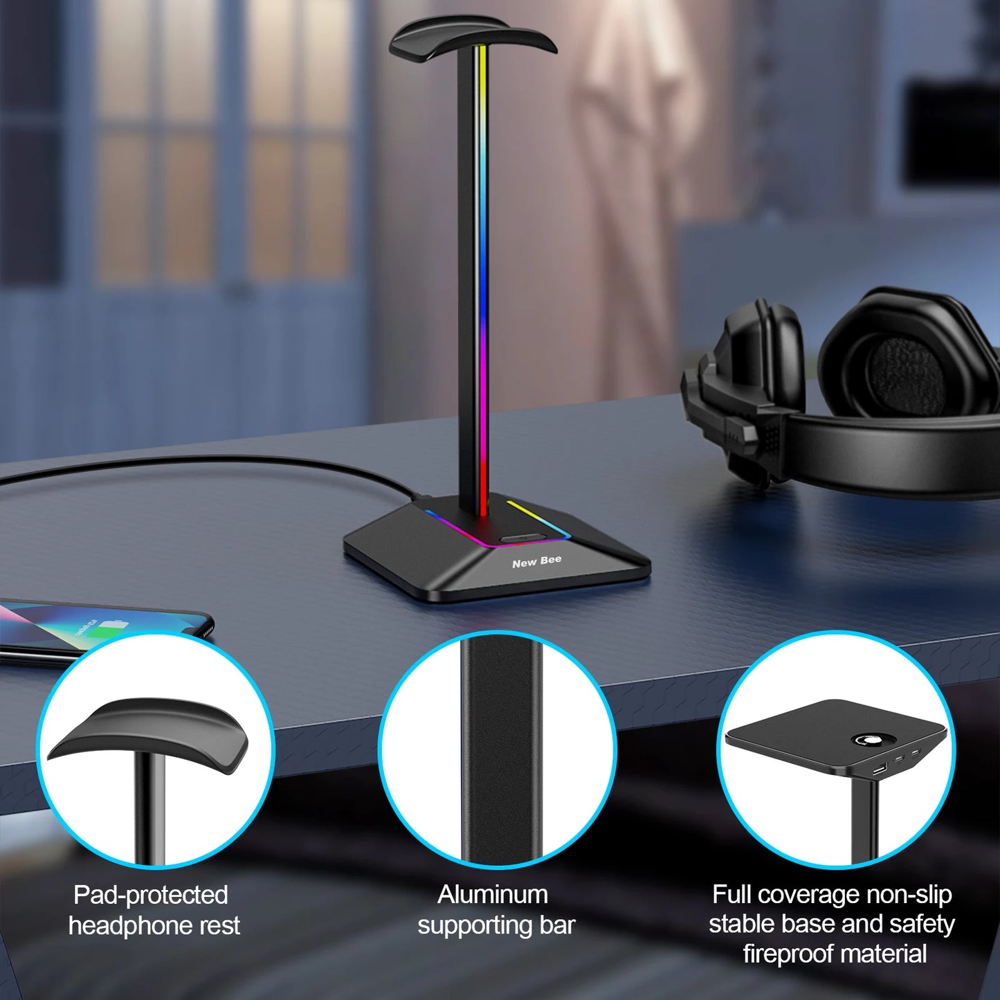 New Bee Z8 RGB Headphones Stand Holder with 2 USB Ports Desk Gaming Headset Cool Display Holder Non-Slip Rubber Base for Gamer
