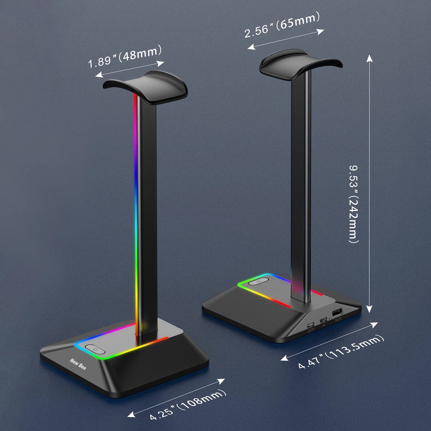 New Bee Z8 RGB Headphones Stand Holder with 2 USB Ports Desk Gaming Headset Cool Display Holder Non-Slip Rubber Base for Gamer
