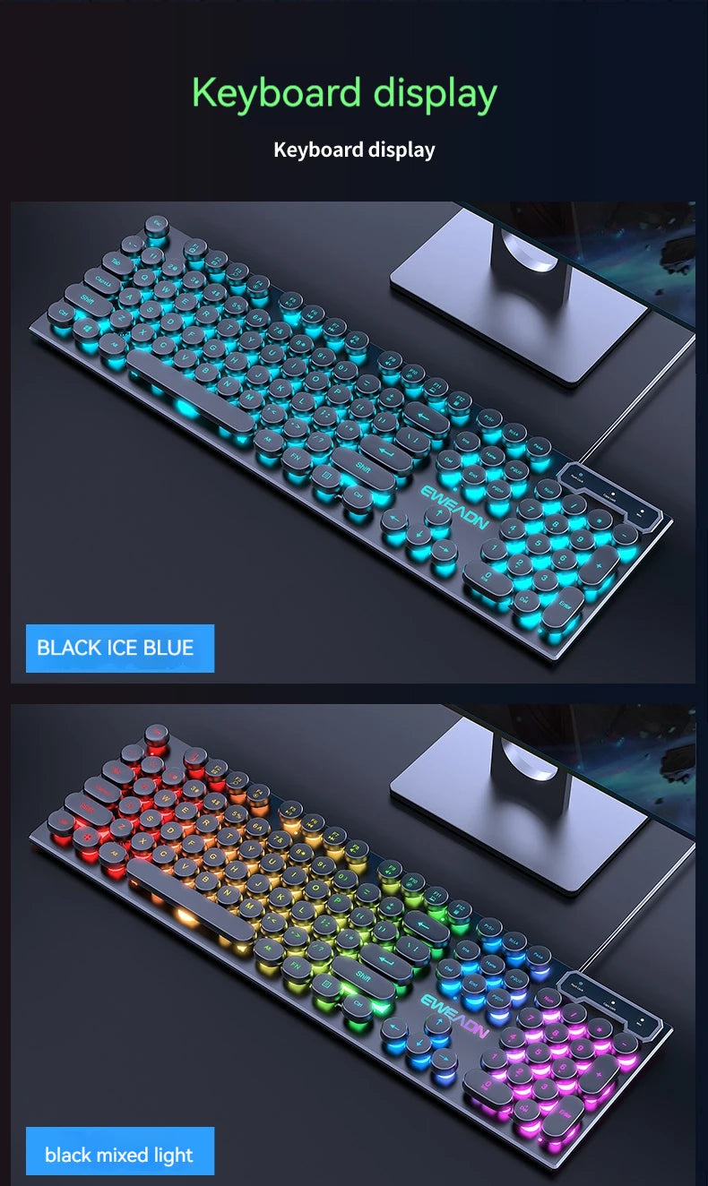 EWEADN GX330 Typewriter Gaming Keyboard, 104 Keys Wired Retro Punk Round Keycaps, with RGB Backlit, for Windows Laptop PC black, more lights for your pro setup !!