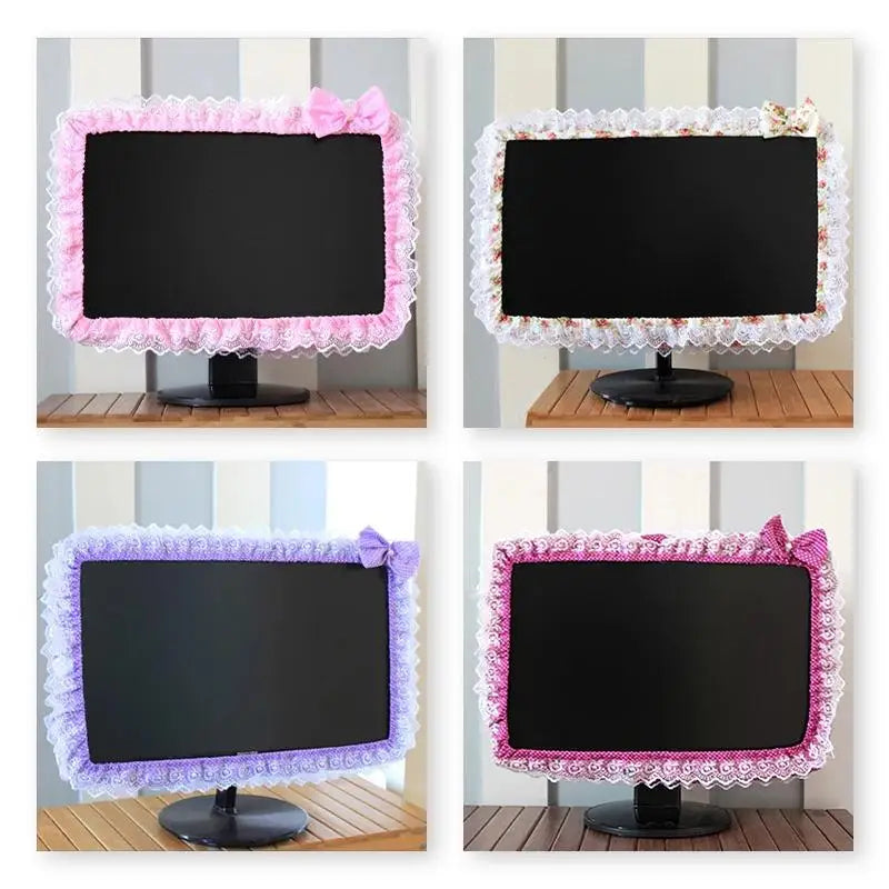 17-26 Inches Lace Fabric Computer Frame Cover Monitor Screen Dust Cover with Elastic Pen Pocket Bow Home Decorations