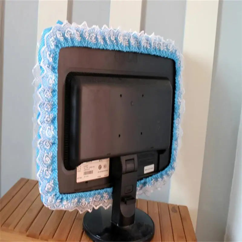 17-26 Inches Lace Fabric Computer Frame Cover Monitor Screen Dust Cover with Elastic Pen Pocket Bow Home Decorations