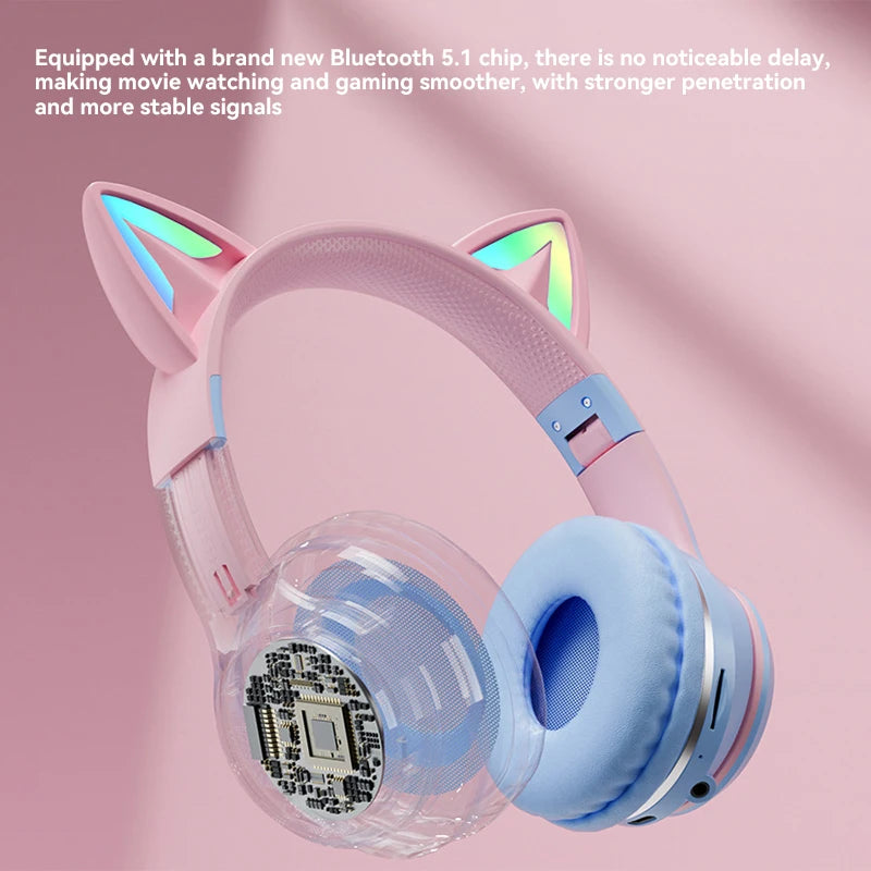 Wireless Headphones RGB Cute Cat Ear Bluetooth Headsets with Microphone Stereo Music Game Headphone Girls Kids Gifts 