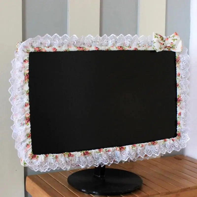 17-26 Inches Lace Fabric Computer Frame Cover Monitor Screen Dust Cover with Elastic Pen Pocket Bow Home Decorations