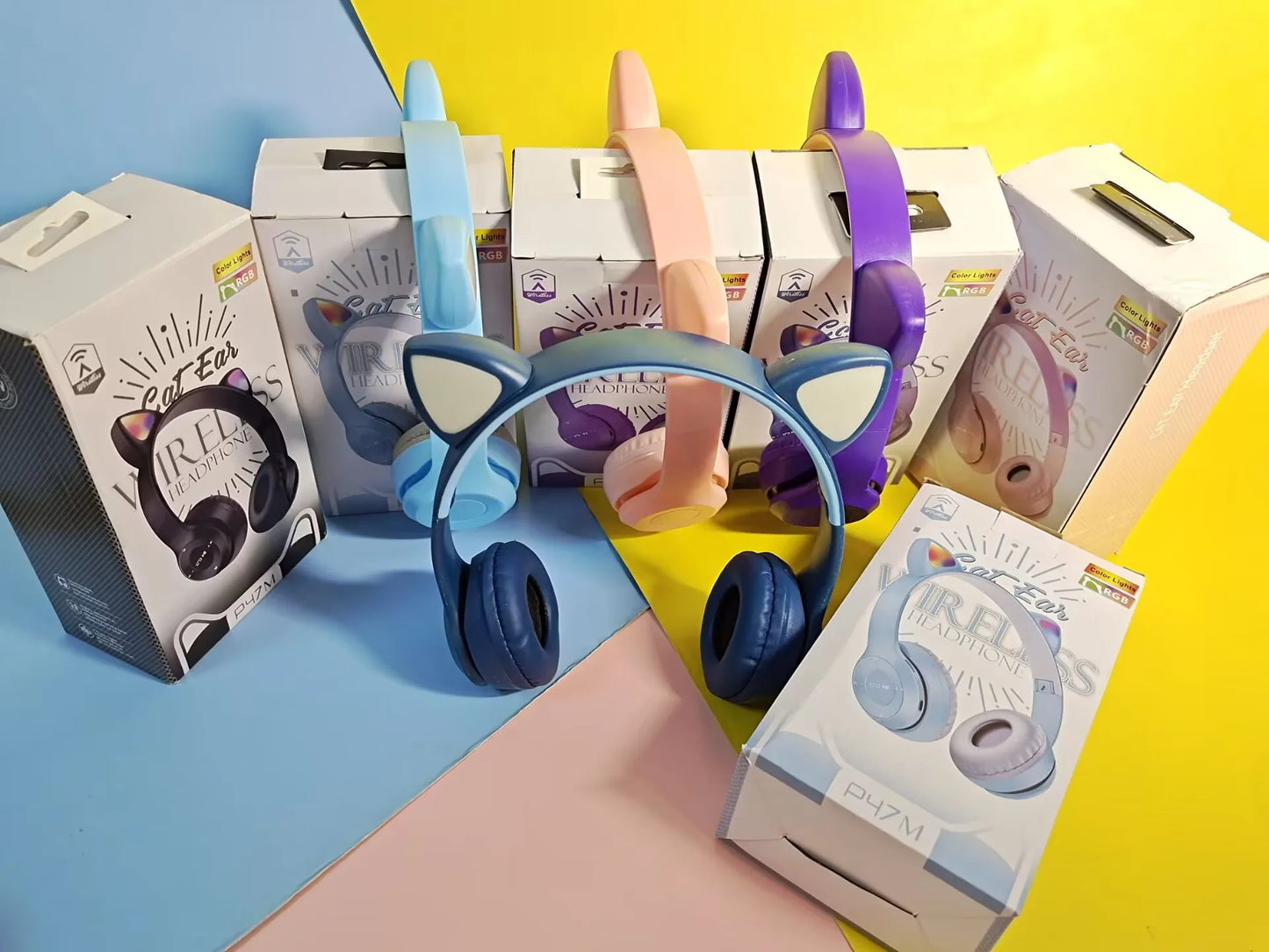 Cute Cat Ear Headphone Flash Light with Mic Control LED Stereo Music Helmet Phone Wireless Bluetooth Headset Holidays Gift