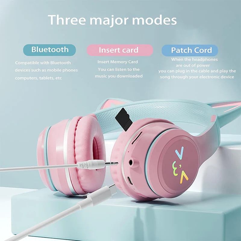 Wireless Headphones RGB Cute Cat Ear Bluetooth Headsets with Microphone Stereo Music Game Headphone Girls Kids Gifts 