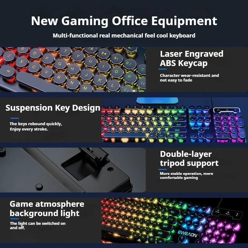 EWEADN GX330 Typewriter Gaming Keyboard, 104 Keys Wired Retro Punk Round Keycaps, with RGB Backlit, for Windows Laptop PC black, more lights for your pro setup !!