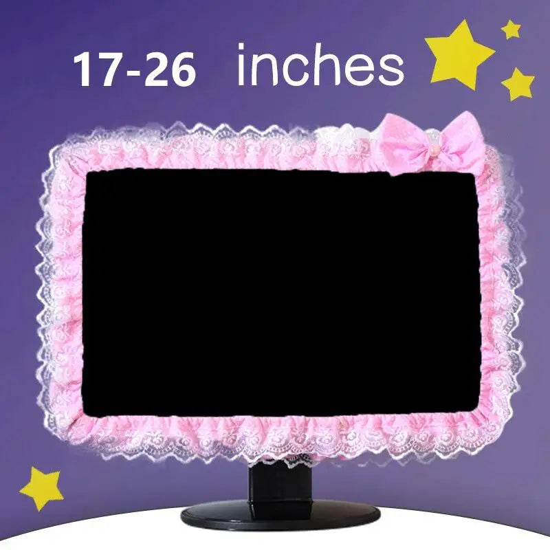 17-26 Inches Lace Fabric Computer Frame Cover Monitor Screen Dust Cover with Elastic Pen Pocket Bow Home Decorations
