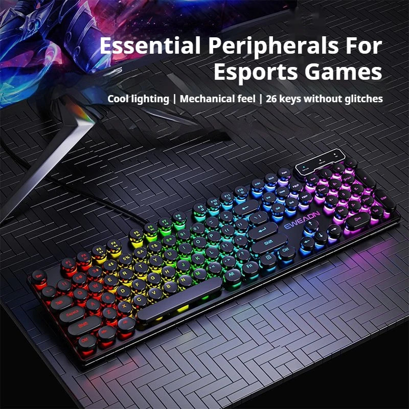 EWEADN GX330 Typewriter Gaming Keyboard, 104 Keys Wired Retro Punk Round Keycaps, with RGB Backlit, for Windows Laptop PC black, more lights for your pro setup !!