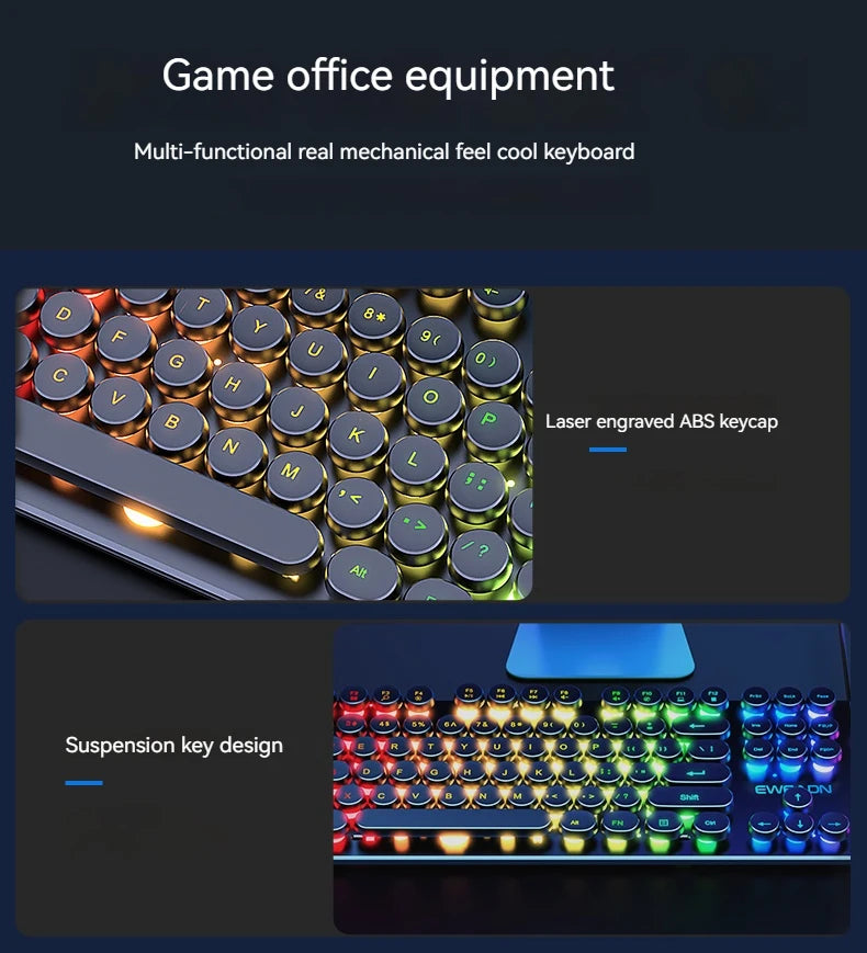 EWEADN GX330 Typewriter Gaming Keyboard, 104 Keys Wired Retro Punk Round Keycaps, with RGB Backlit, for Windows Laptop PC black, more lights for your pro setup !!