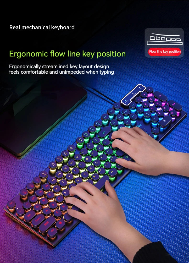 EWEADN GX330 Typewriter Gaming Keyboard, 104 Keys Wired Retro Punk Round Keycaps, with RGB Backlit, for Windows Laptop PC black, more lights for your pro setup !!