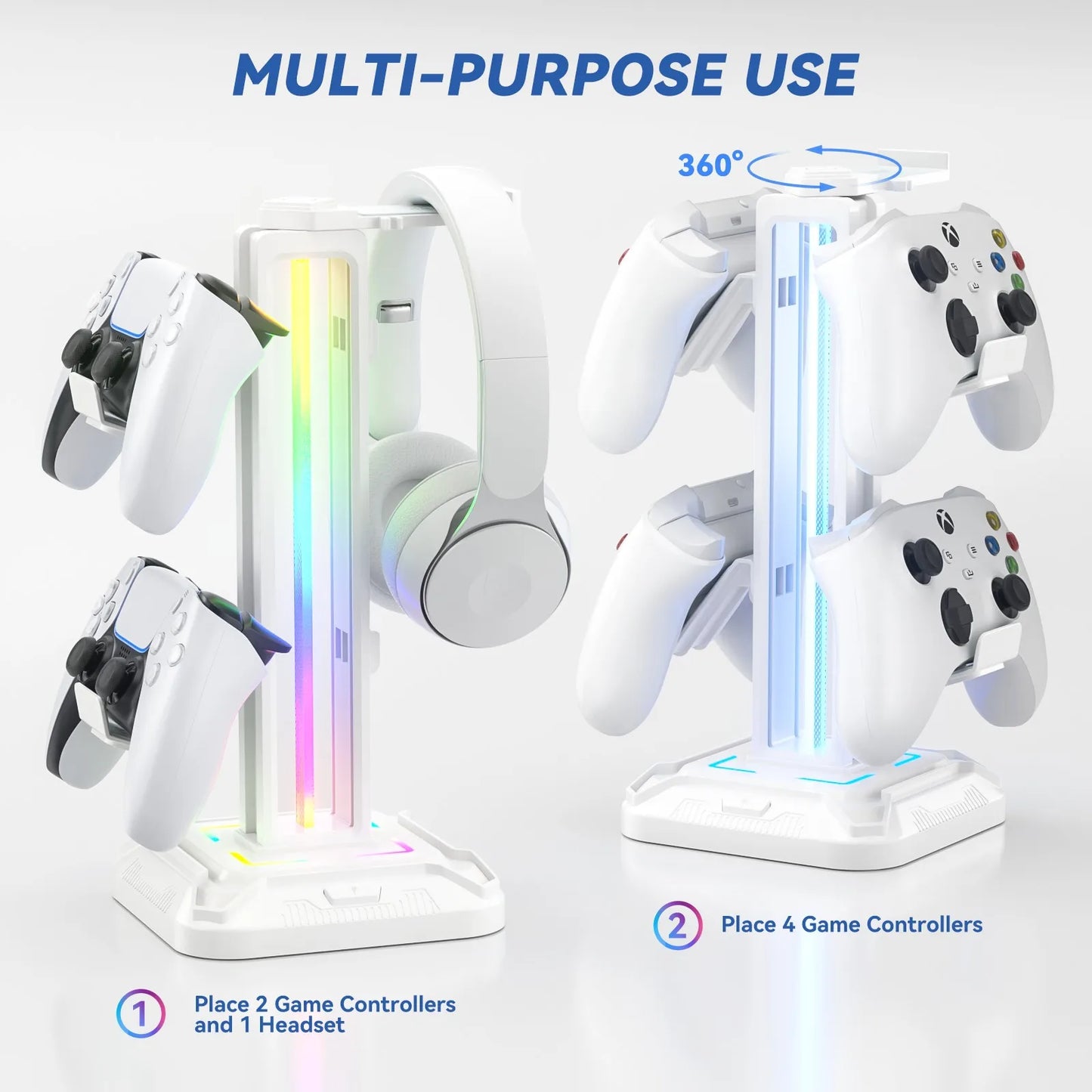 Controller Stand with 9 Light Modes Headset Holder for Desk Rotatable Headphone Stand Detachable Controller Hook